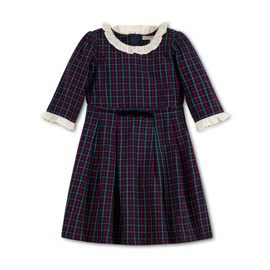 Organic Ruffle Trim Party Baby Girl Dress - Navy Holiday Check