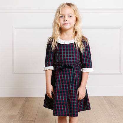 Organic Ruffle Trim Party Baby Girl Dress - Navy Holiday Check