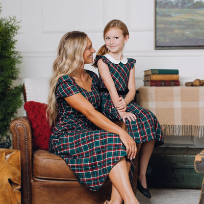Organic Peter Pan Collar Green Plaid Dress