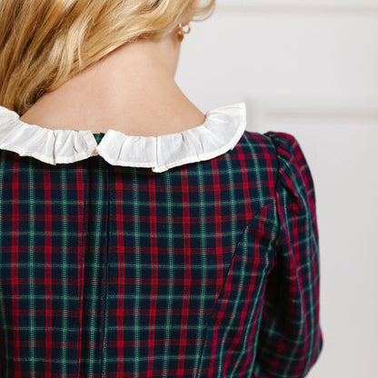 Organic Ruffle Trim Party Baby Girl Dress - Navy Holiday Check