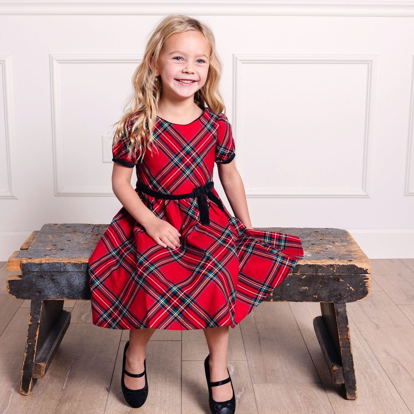 Baby Girl Puff Sleeve Holiday Party Dress - Red Tartan