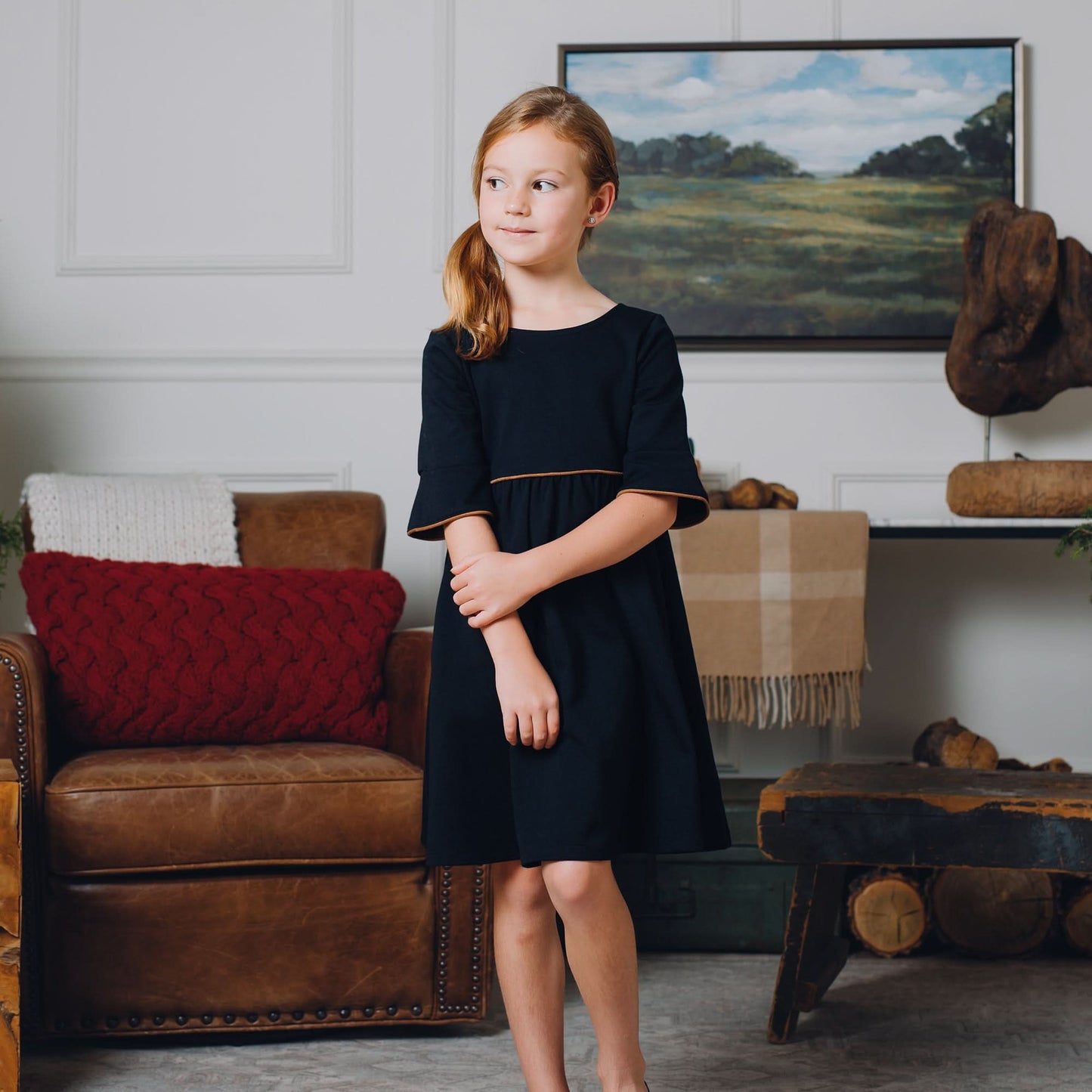 Organic Girls Ruffle Sleeve Ponte Dress - Black Suede