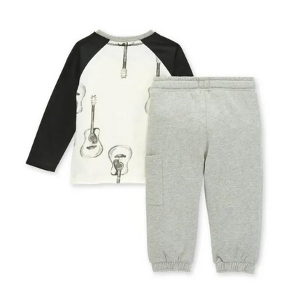 Organic Baby Outfit / Baseball Tee & French Terry Pant Set - Acoustic Guitar
