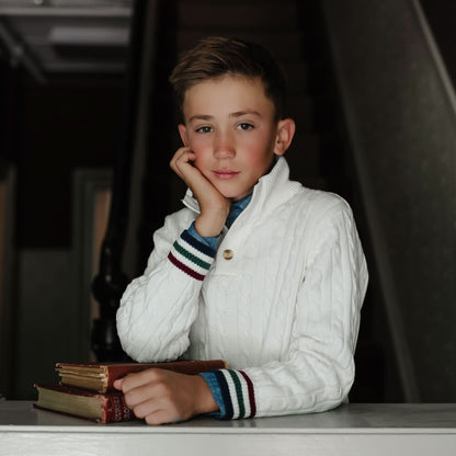 Boys Organic Mock Neck Cable Sweater - White