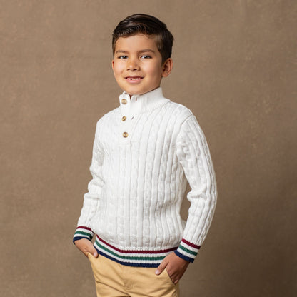 Boys Organic Mock Neck Cable Sweater - White