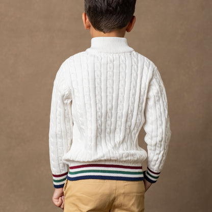 Boys Organic Mock Neck Cable Sweater - White