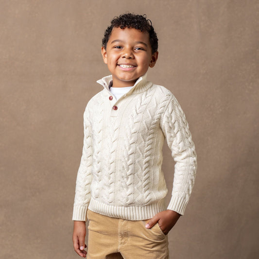 Boys Organic Mock Neck Cable Knit Sweater - Ivory