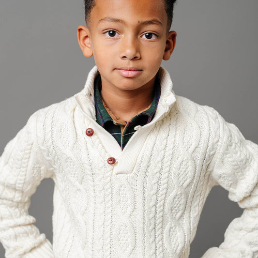 Boys Organic Mock Neck Cable Sweater with Buttons - White