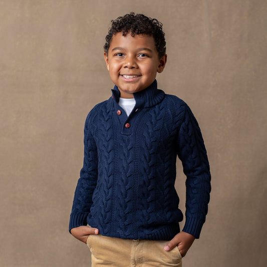 Boys Organic Mock Neck Cable Sweater - Navy