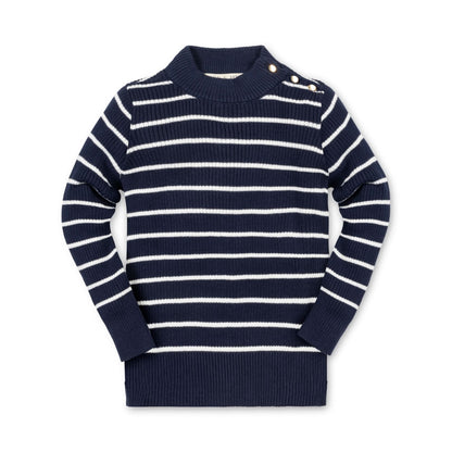 Girls Organic Mock Neck Sweater - Navy Stripe