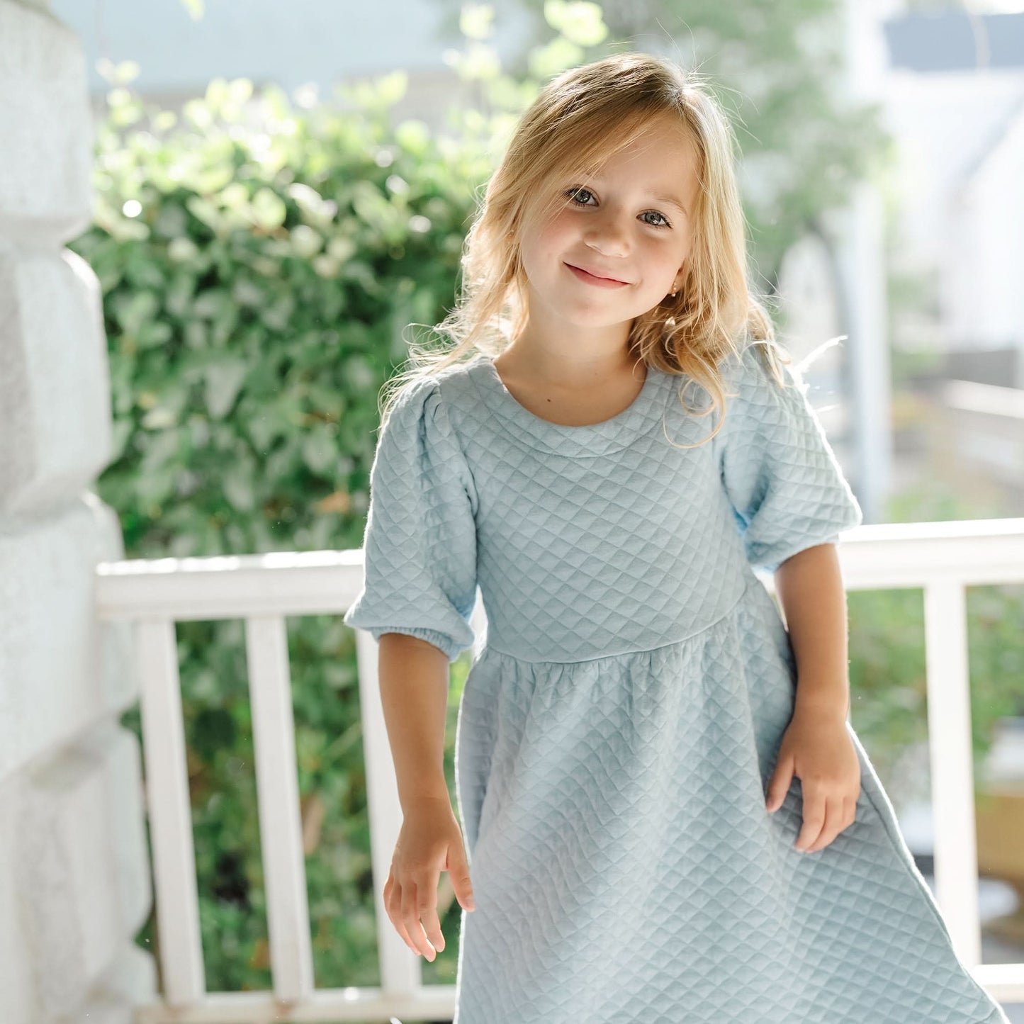 Girls Quilted Puff Sleeve Dress - Dusty Blue