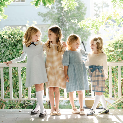 Girls Quilted Puff Sleeve Dress - Dusty Blue