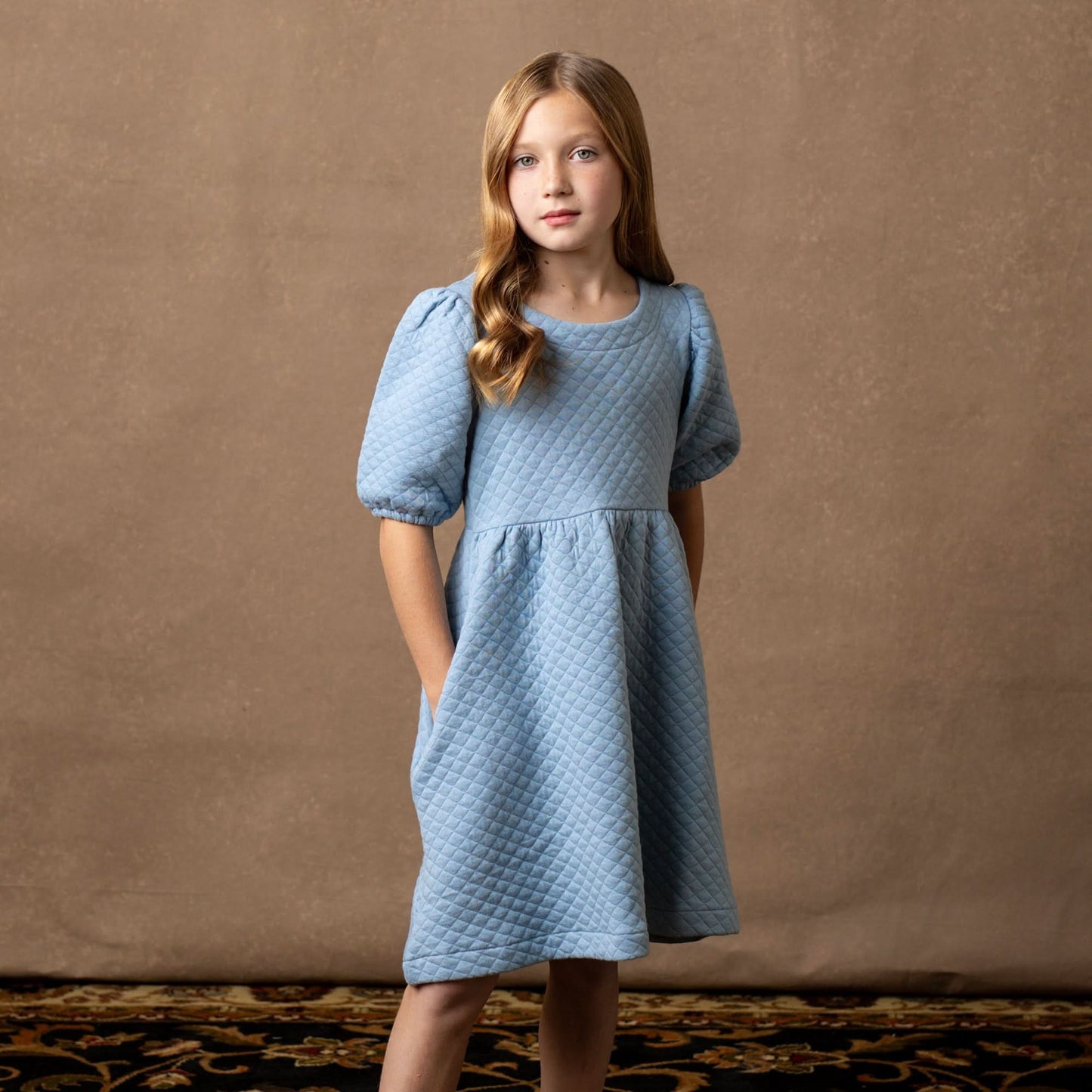 Girls Quilted Puff Sleeve Dress - Dusty Blue