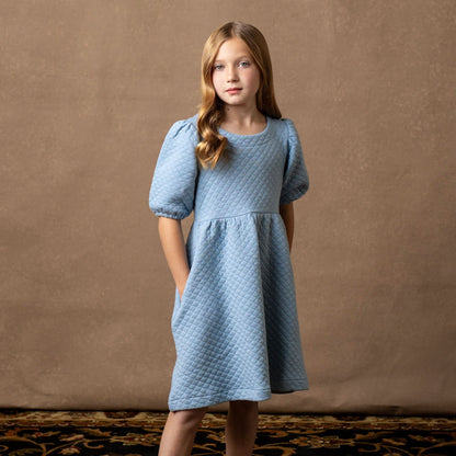 Girls Quilted Puff Sleeve Dress - Dusty Blue
