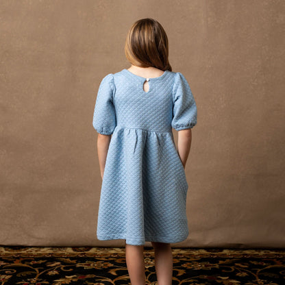 Girls Quilted Puff Sleeve Dress - Dusty Blue