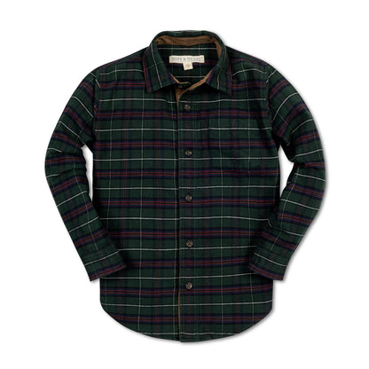 Boys Organic Flannel Shirt with Suede - Pine Plaid