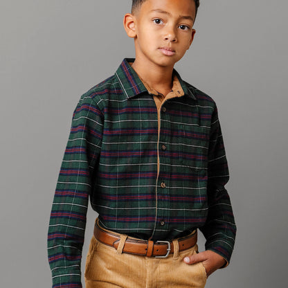 Boys Organic Flannel Shirt with Suede - Pine Plaid
