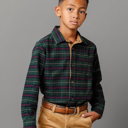 Boys Organic Flannel Shirt with Suede - Pine Plaid