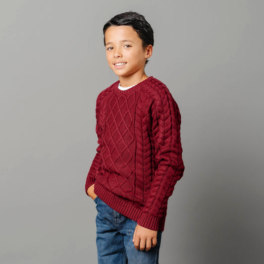 Boys Organic Raglan Fisherman Sweater - Oxblood