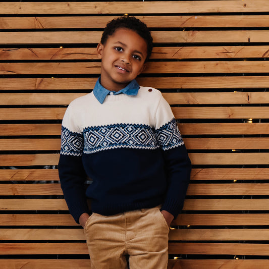 Boys Organic Intarsia Crew Neck Button Sweater