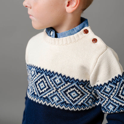 Boys Organic Intarsia Crew Neck Button Sweater
