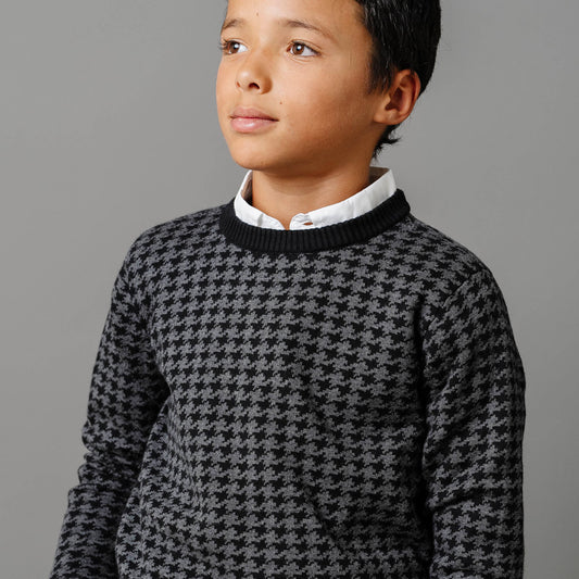 Baby Boy Organic Intarsia Crew Neck Sweater - Houndstooth