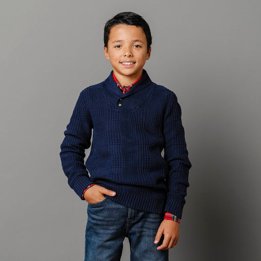 Boys Organic Textured Shawl Collar Sweater - Navy
