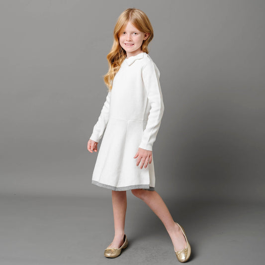 Girls Organic Mock Neck Bow Detail Sweater Dress - White