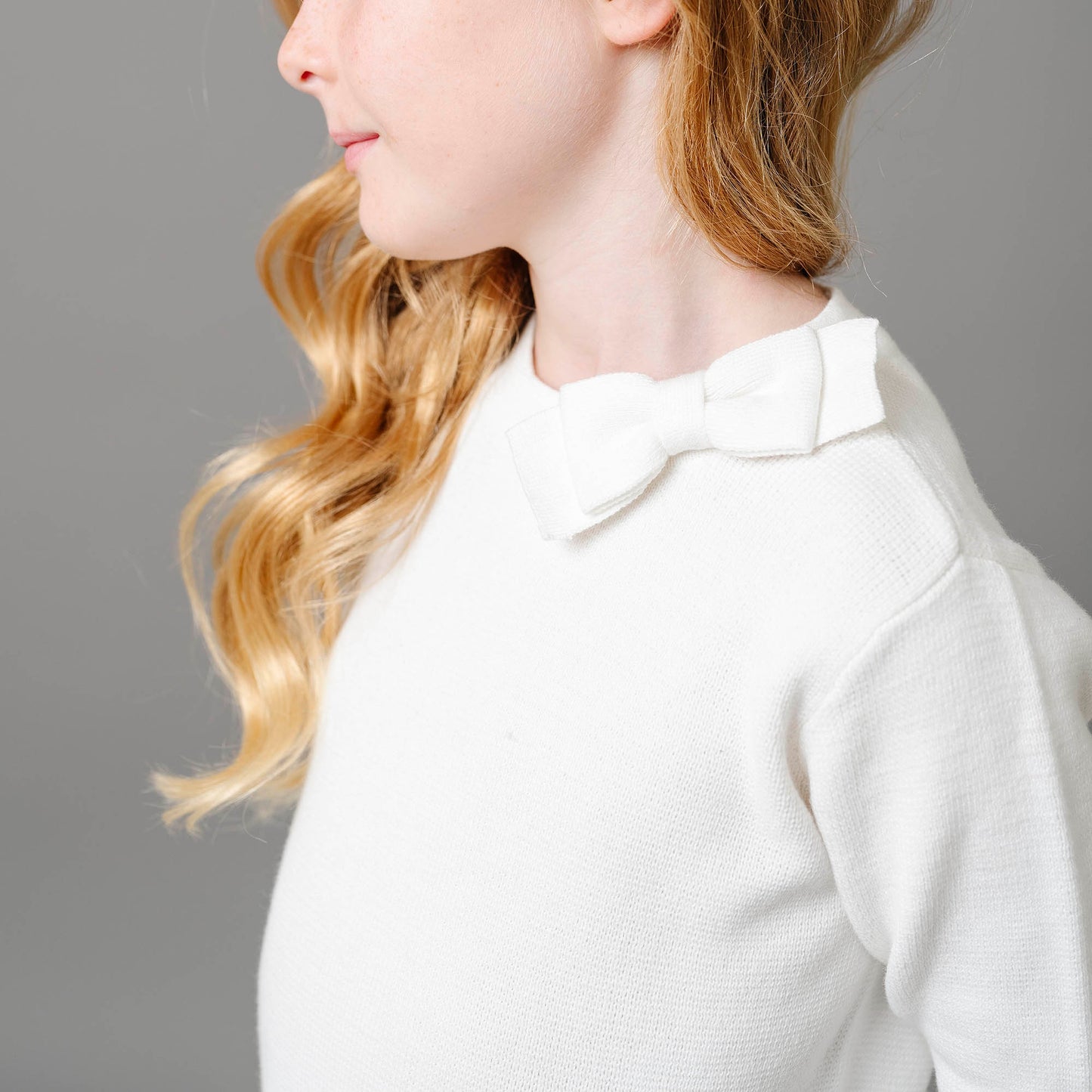 Girls Organic Mock Neck Bow Detail Sweater Dress - White