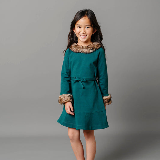 Girls Long Sleeve Ponte Dress with Faux Fur - Deep Green