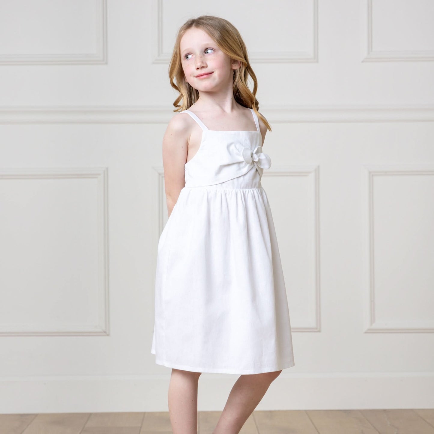 Baby Girl Bow Front Sundress - White Linen