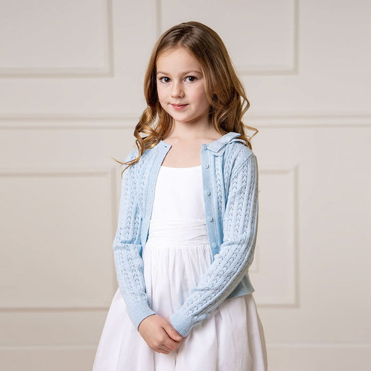 Girls Organic Pointelle Bow Cardigan - Light Blue