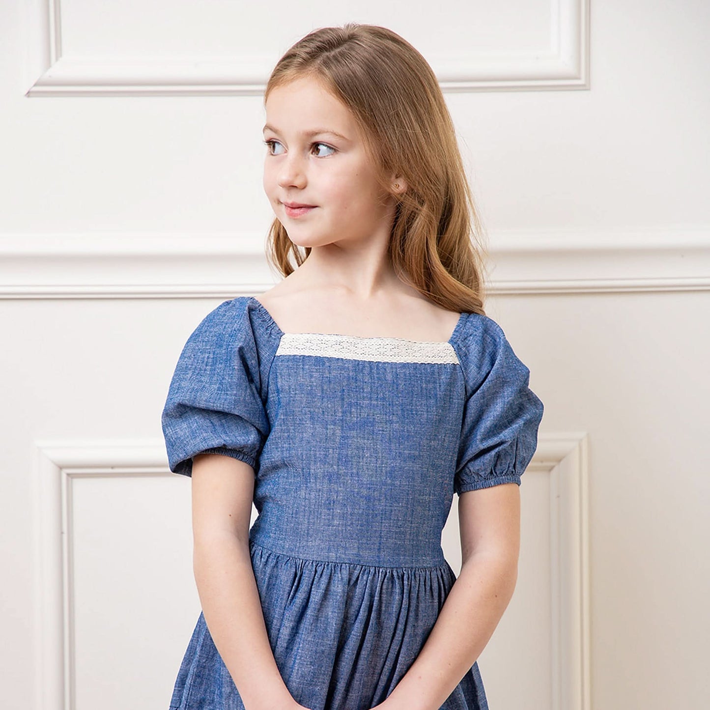 Girls Crochet Trim Organic Chambray Dress