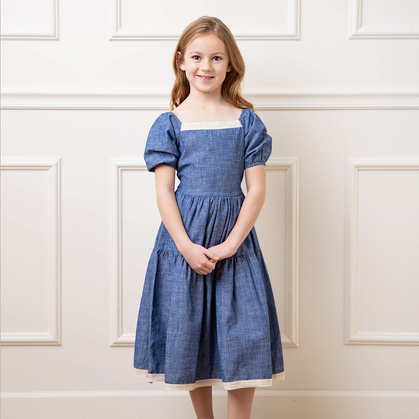 Girls Crochet Trim Organic Chambray Dress