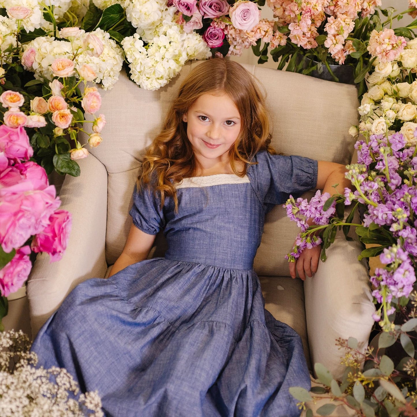 Girls Crochet Trim Organic Chambray Dress