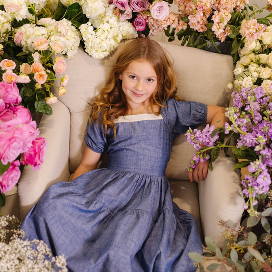 Girls Crochet Trim Organic Chambray Dress