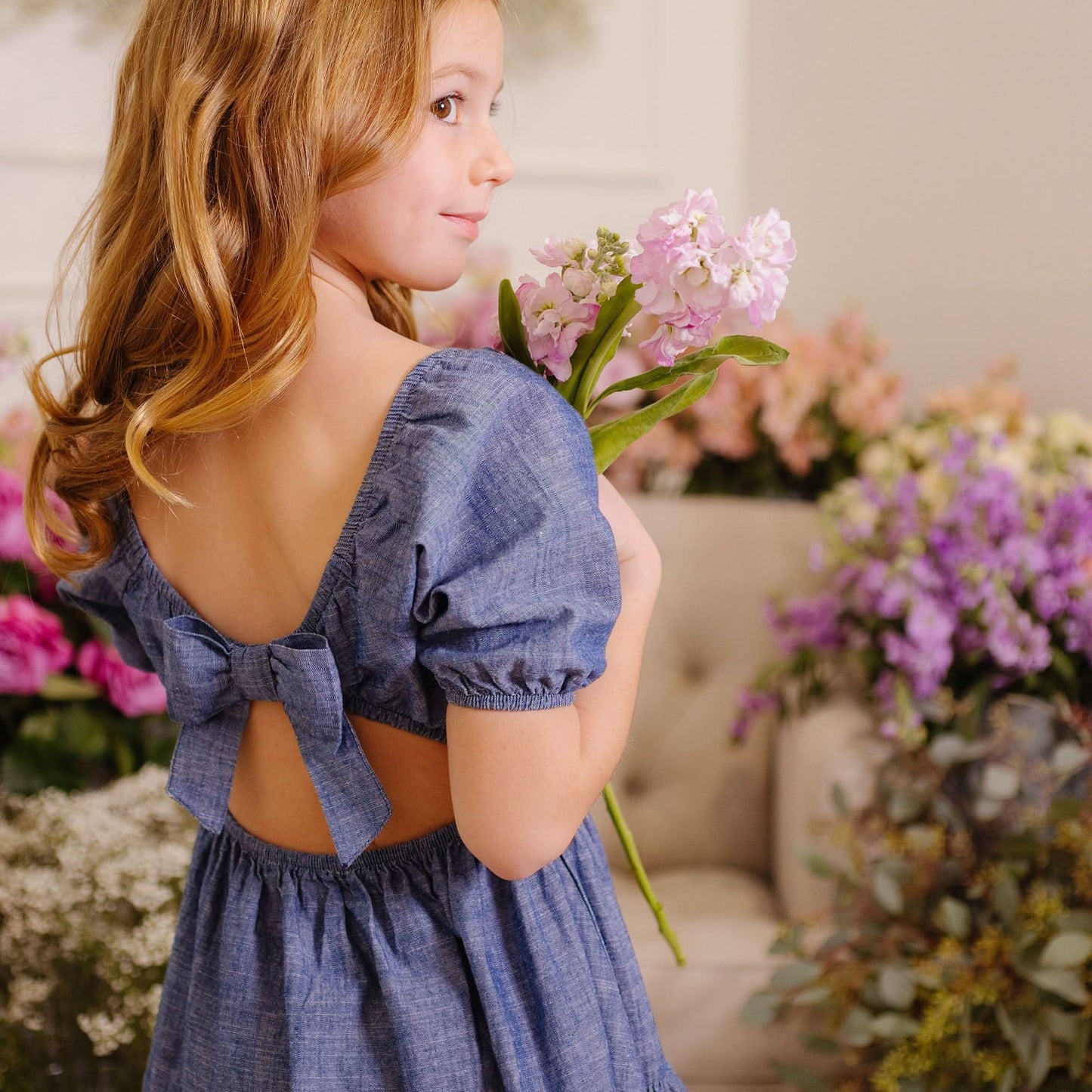 Girls Crochet Trim Organic Chambray Dress