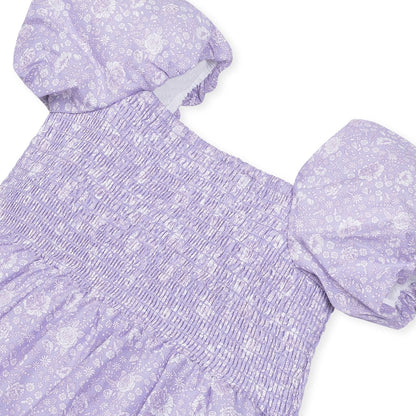 Girls Smocked Bubble Sleeve Dress - Lavender Floral