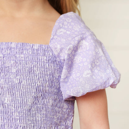 Girls Smocked Bubble Sleeve Dress - Lavender Floral