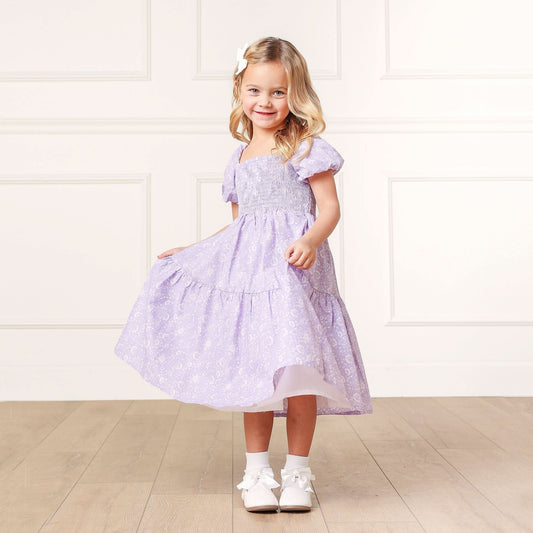 Girls Smocked Bubble Sleeve Dress - Lavender Floral