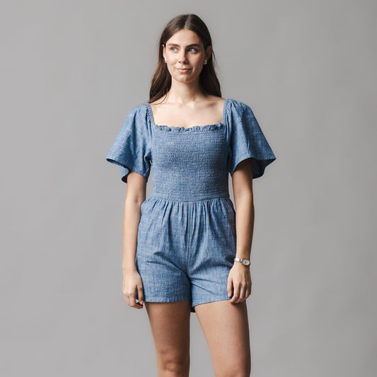 Women's Organic Smocked Chambray Romper
