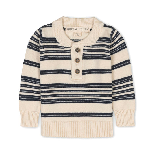 Baby Boy Organic Striped Sweater Henley with Elbow Patches