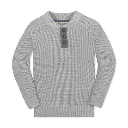 Organic Boys Henley Sweater with Elbow Patches - Heather Gray