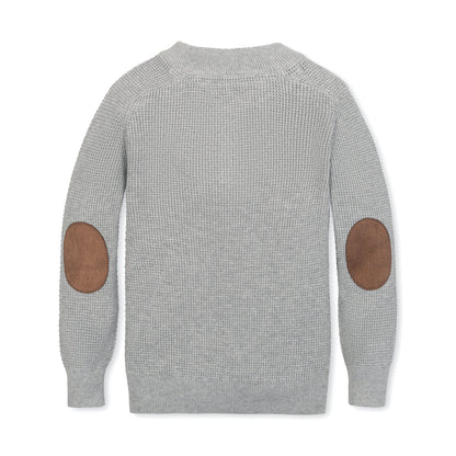Organic Boys Henley Sweater with Elbow Patches - Heather Gray