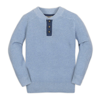 Boys Organic Sweater Henley with Elbow Patches - Blue