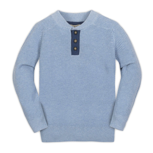 Boys Organic Sweater Henley with Elbow Patches - Blue