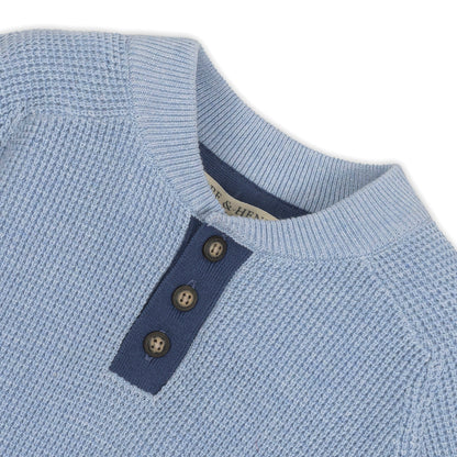 Boys Organic Sweater Henley with Elbow Patches - Blue
