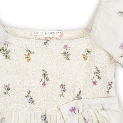Girls Organic Smocked Bubble Sleeve Floral Dress