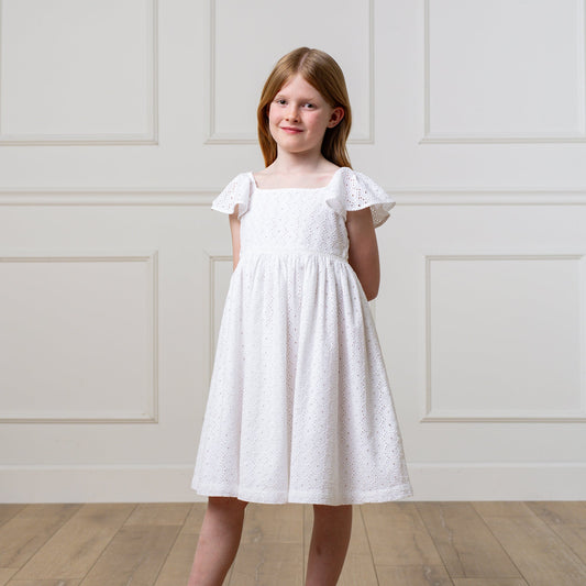 Girls Organic Flutter Sleeve Eyelet Dress