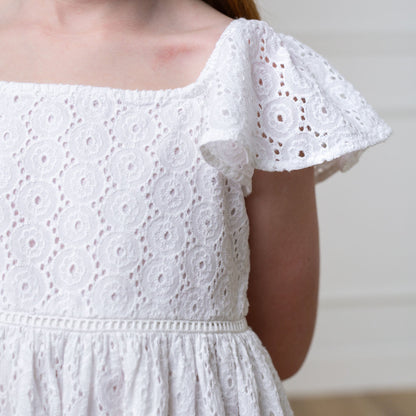 Girls Organic Flutter Sleeve Eyelet Dress